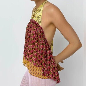 NWT Zara Printed Chiffon Open Back Halter Top in Pink/Orange Size L